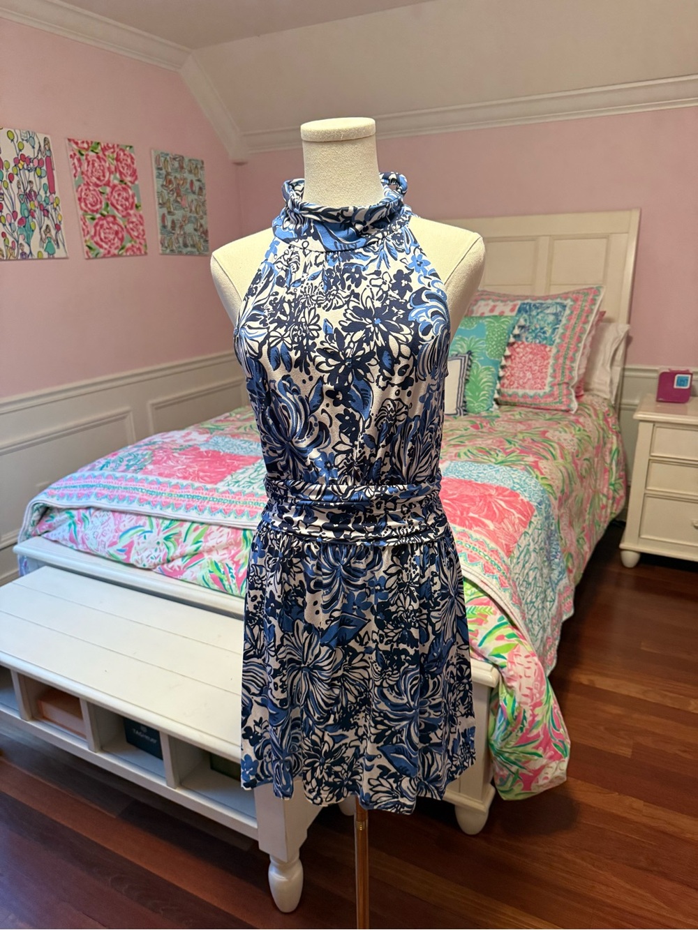 Lilly Pulitzer Blue and White Floral Halter Mini Dress